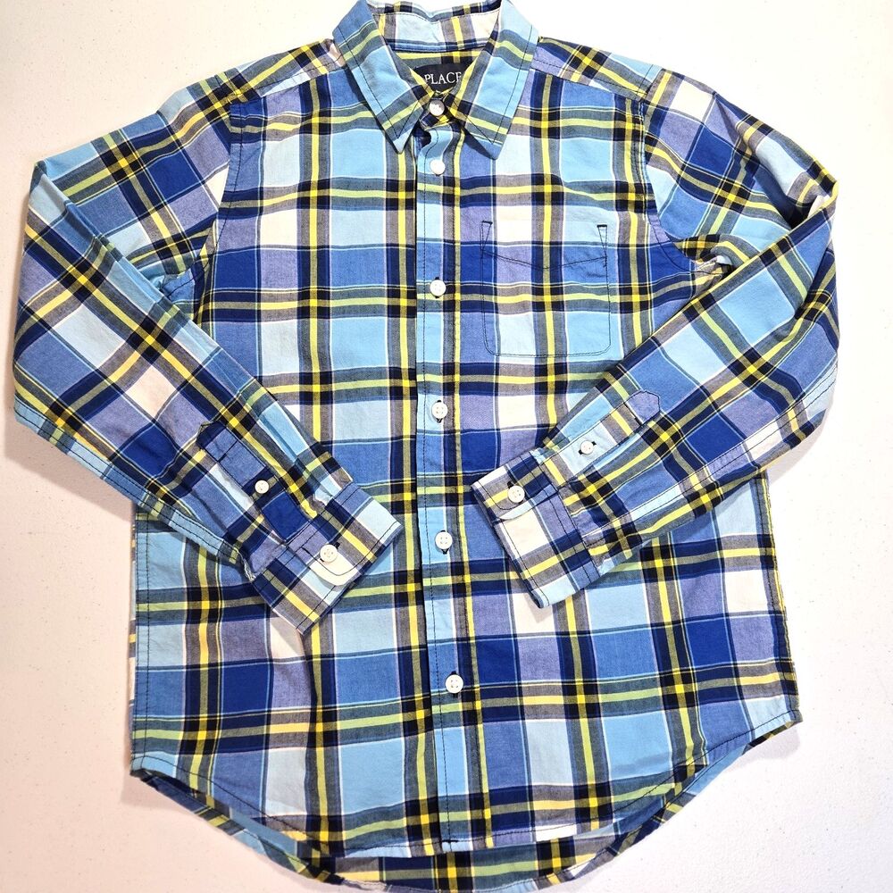 The Childrens Place Boys Large 10-12 Plaid Button Up Shirt 100% Cotton Blues